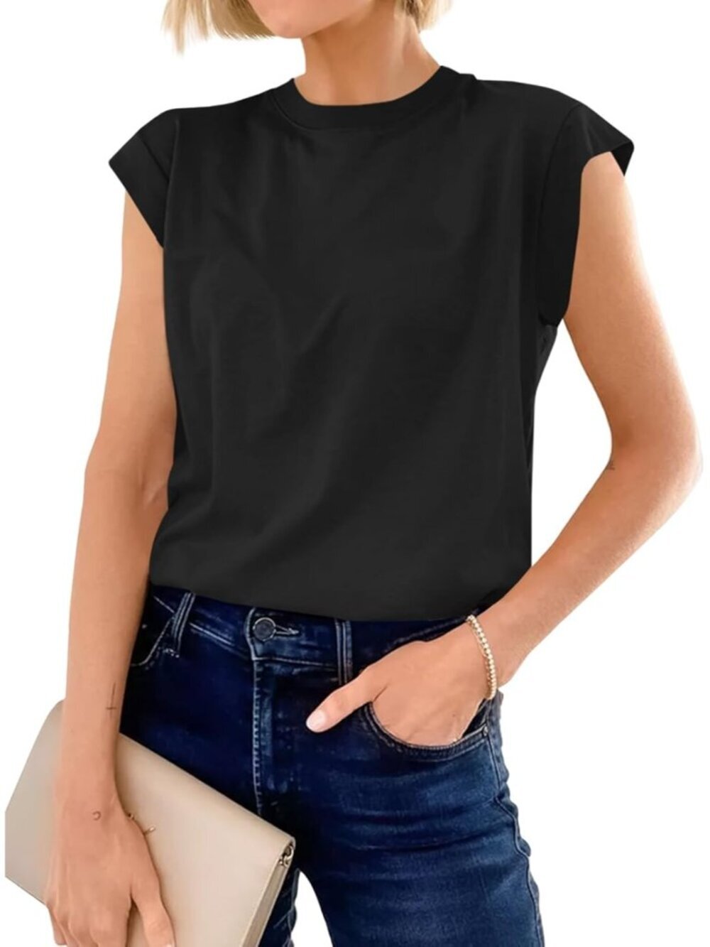Womens Black Short Sleeve Crew Neck Basic Tee Loose Fit Cotton T Shirts
